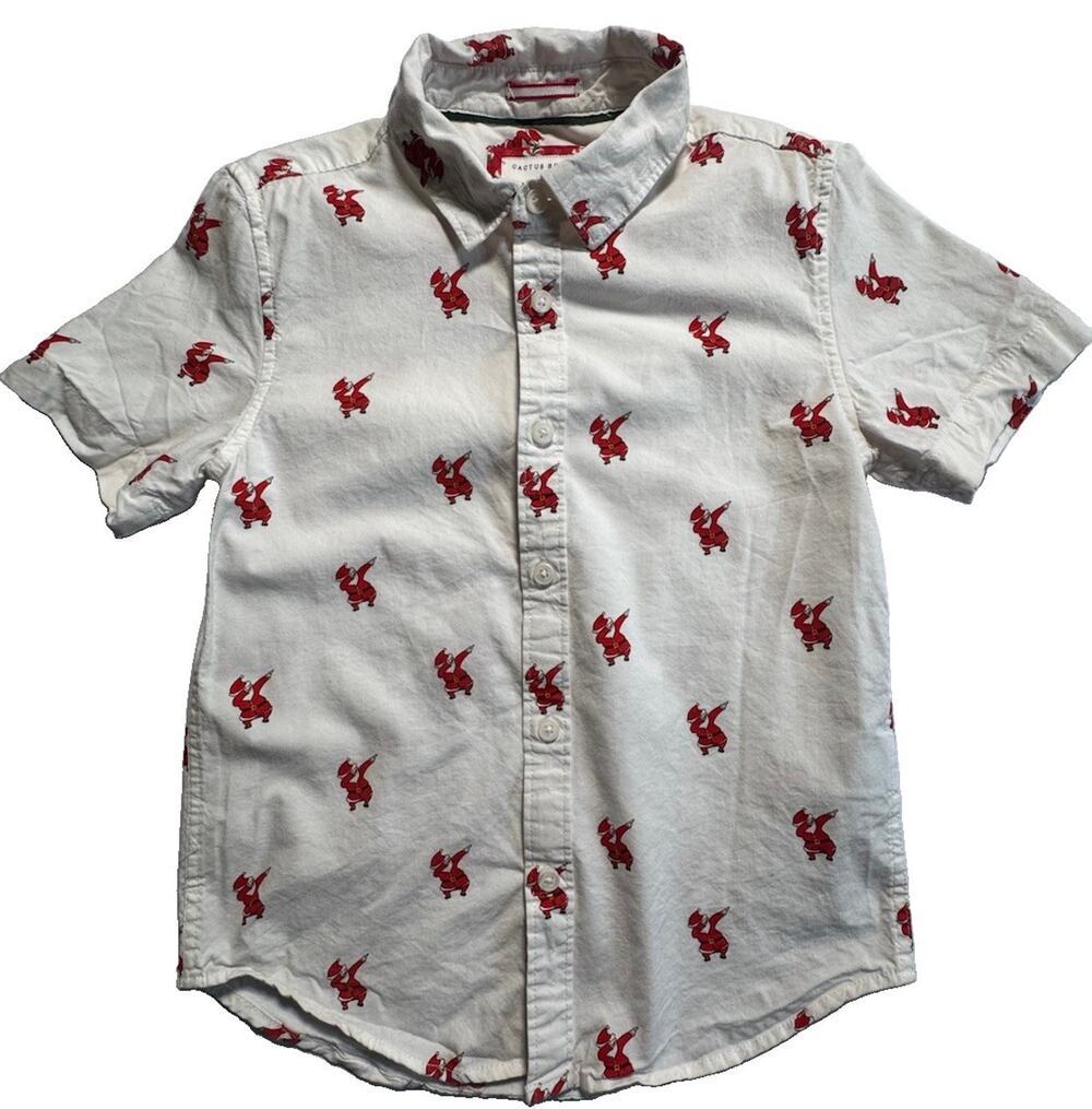 Cactus Boys Santa Print Button Up Shirt Boys Size 5/6 White Christmas Holiday
